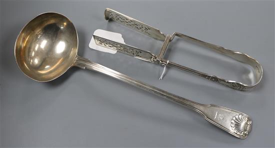 An early Victorian silver fiddle, thread and shell pattern soup ladle, William Eaton, London, 1839 & asparagus servers.